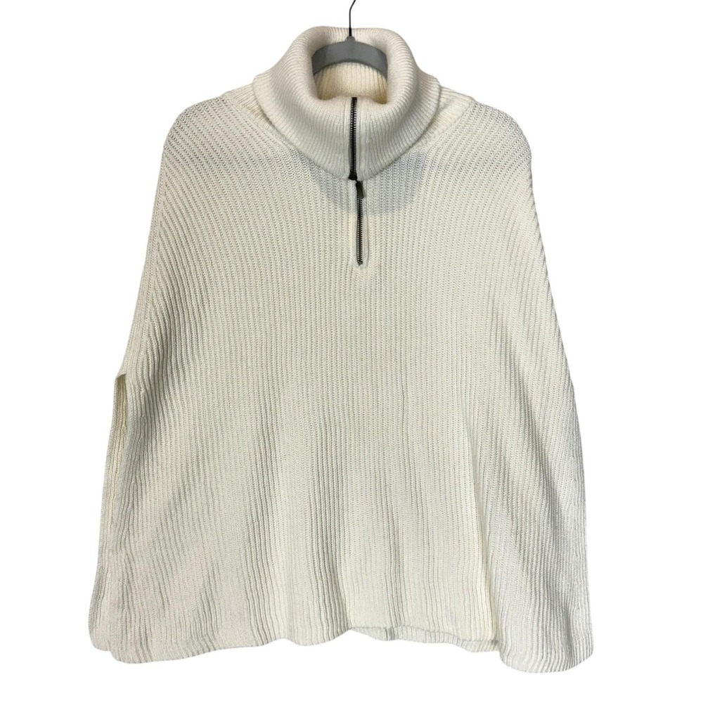 J. Jill Sweater Cape Womens S-L White Mock Neck 1/4 Zip Ribbed Knit Poncho